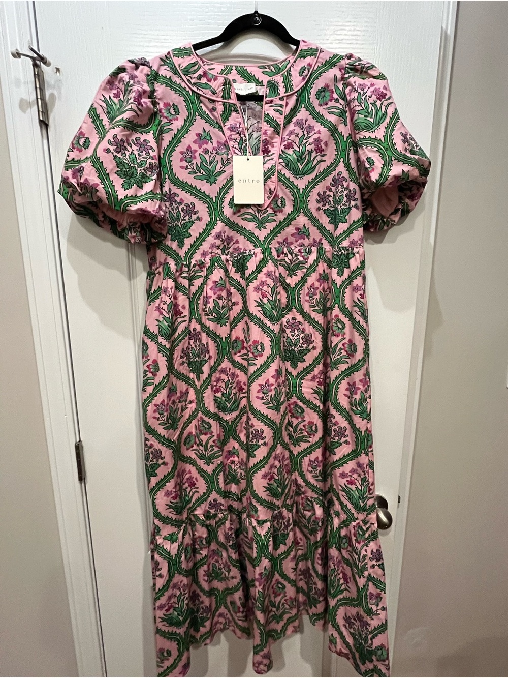 entro Pink & Green Floral Maxi Dress with Puff Sleeves - Picture 2 of 3